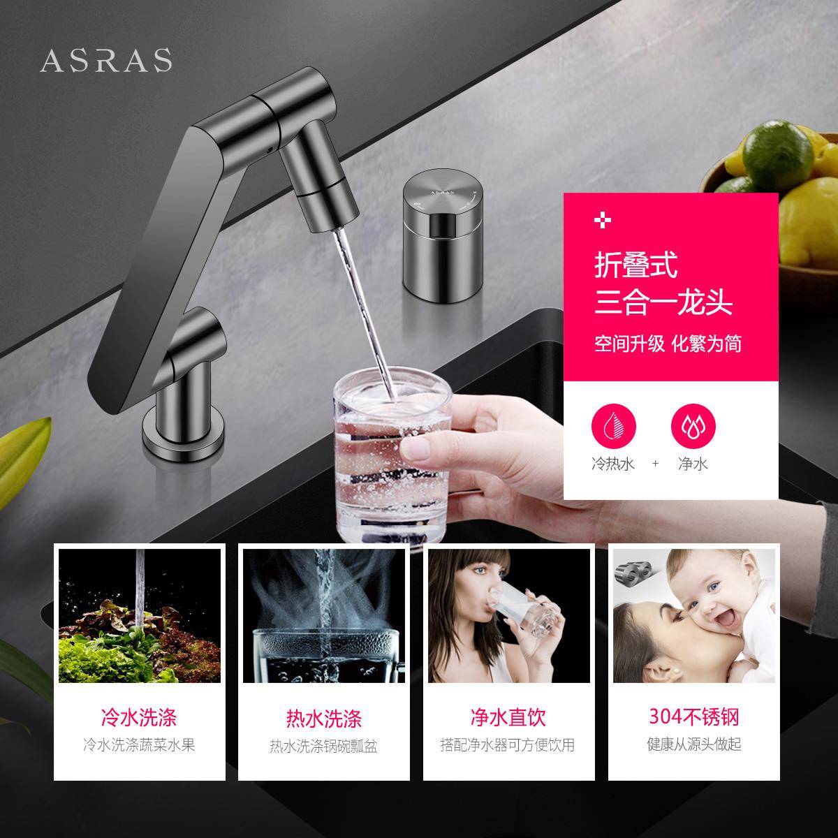 阿萨斯折叠厨房龙头内开窗矮款水槽菜盆可旋转冷热净三合一水龙头