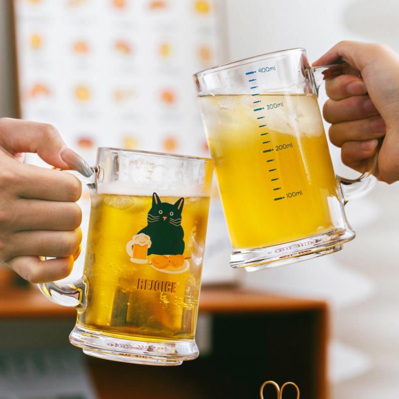 cybil创意啤酒杯玻璃杯家用大容量带刻度水杯子高颜值饮料杯