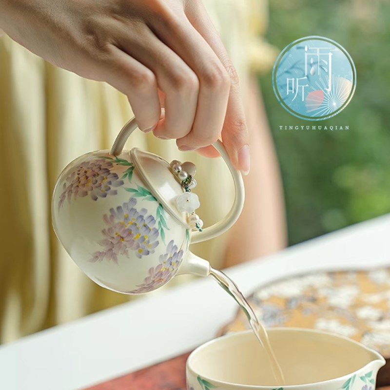 纯手绘紫藤花粉引提梁壶家用陶瓷泡茶壶小壶创意单壶功夫茶具装