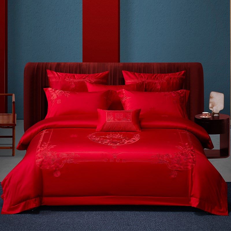 思辰家纺支长绒棉结婚四件大红刺绣高档床上用品婚庆六件,床上用品,婚庆床品套件,淘宝优惠券,粉丝福利购,淘宝优惠卷