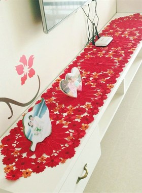 刺绣桌旗茶几巾电视柜桌布大红色欧式结婚喜庆盖布餐桌布手工镂空