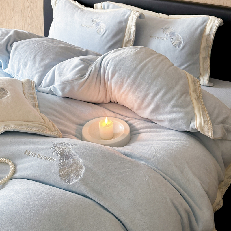 简约羽毛加厚四件面绒珊瑚绒保暖被床单冬季毛绒床品