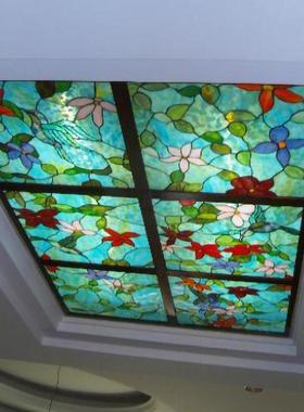 钢化Tiffany蒂凡尼雕刻艺术玻璃玄关隔断屏风窗 门吊顶彩叶天蓝色