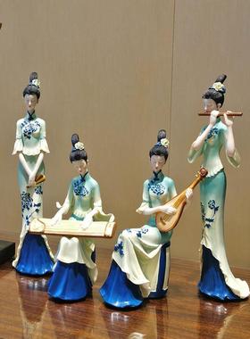 新中式客厅艺术摆件中国风古典仕女高档博古架茶室玄关酒柜装饰品