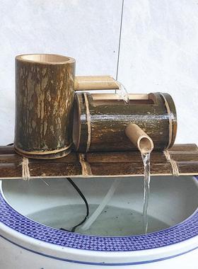 竹子流水摆件庭院过滤器耐腐竹筒水循环加湿器水族竹制招财水景器