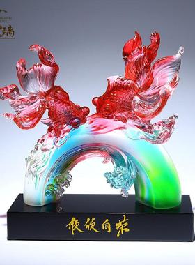 非遗国潮古法琉璃工艺礼品摆饰高档水晶锦鲤鱼摆件客厅玄关装饰送