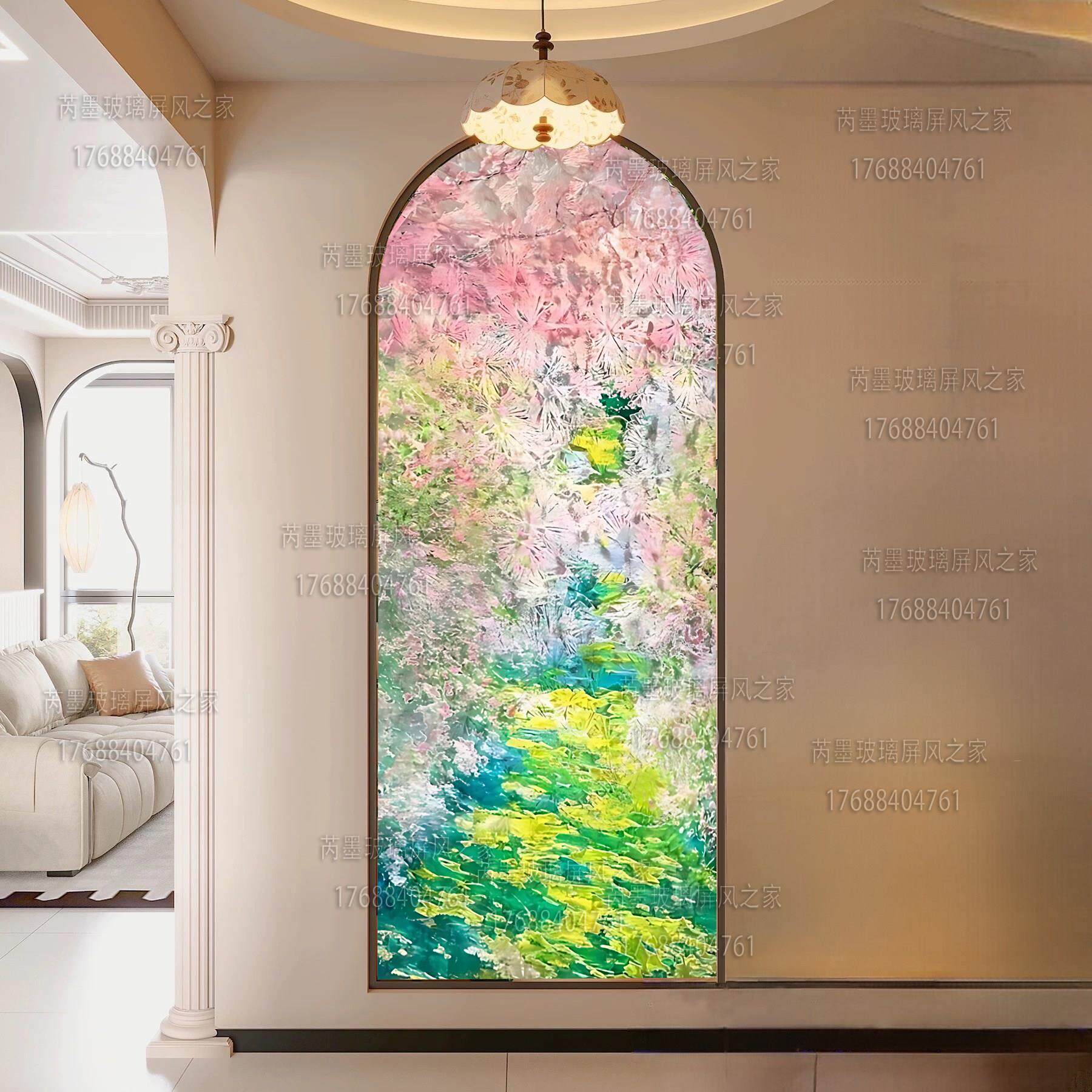 别墅手绘纯掐丝珐瑯彩法式轻奢艺术玻璃卧室客厅屏风隔断入户玄关
