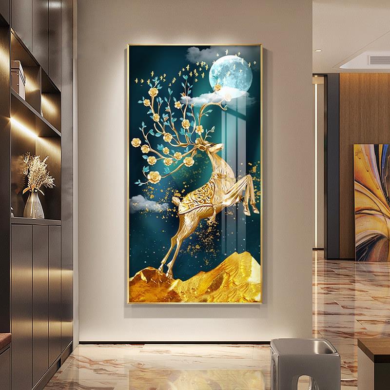 入户玄关装饰画轻奢高档进门正对墙挂画现代走廊过道鹿的壁画客厅
