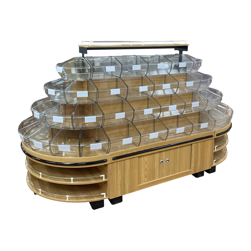 超市木质双面四层散称柜散装零食货架饼干休闲食品圆形中岛展示柜