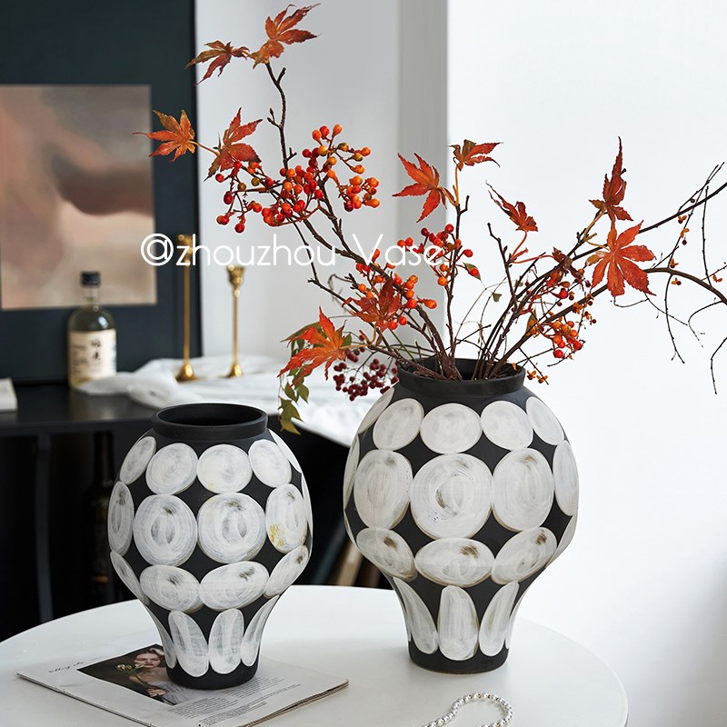 景德镇手绘图文格纹侘寂风摆件高级高中式陶瓷花瓶客厅插鲜花花器