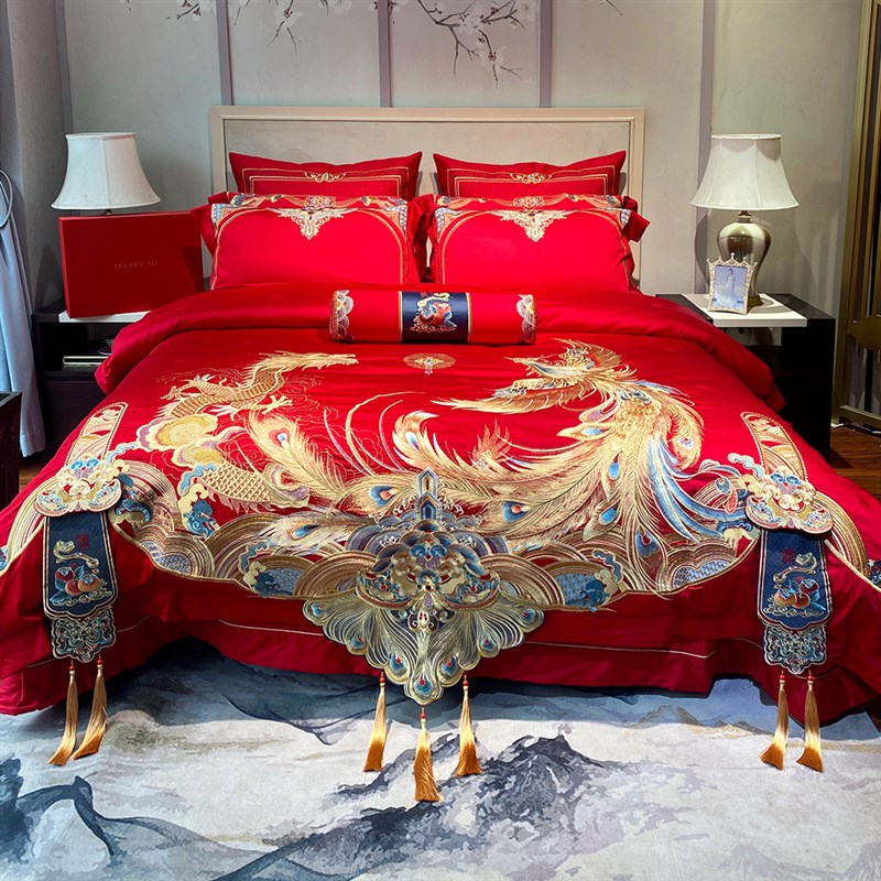 豪华中式龙凤刺绣婚庆全棉四件套纯棉被套床单结婚高级感床上用品