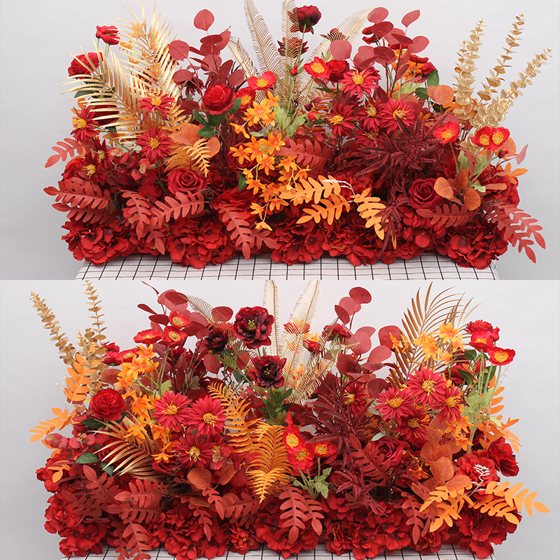 红金系花排婚庆花艺婚礼布置排花路引花点花背景舞台迎宾区装饰花