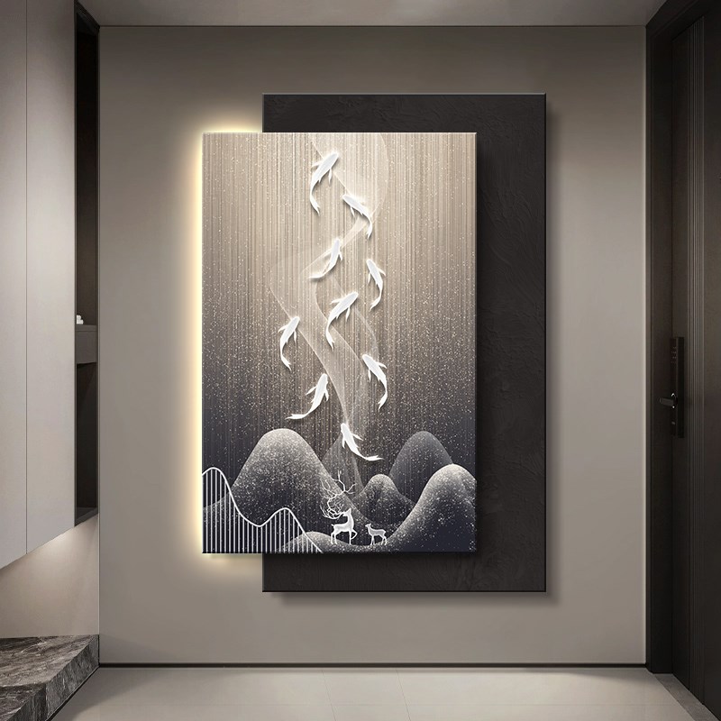 九鱼图立体玄关装饰画轻奢高级感客厅走廊过道挂画入户迎门壁灯画图片