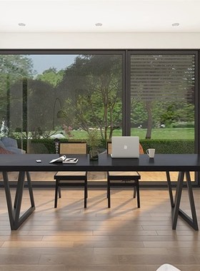 黑色桌面会议桌长桌办公桌长方形桌子实木出租屋一体客厅