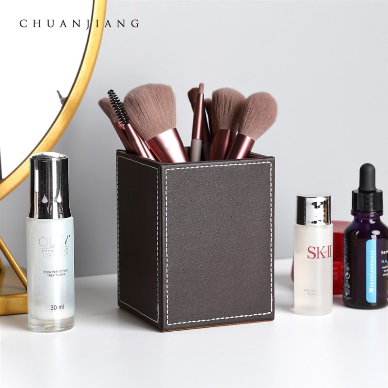 商务PU皮革木笔筒 多功能文具收纳 桌面摆件办公用品定制