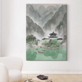 新意境山水手绘油画客厅水墨国风装 饰画玄关复古建筑青绿挂画
