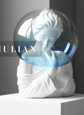 蓝色泡泡女孩客厅桌面人物白色树脂艺术雕塑高级感软装饰品大