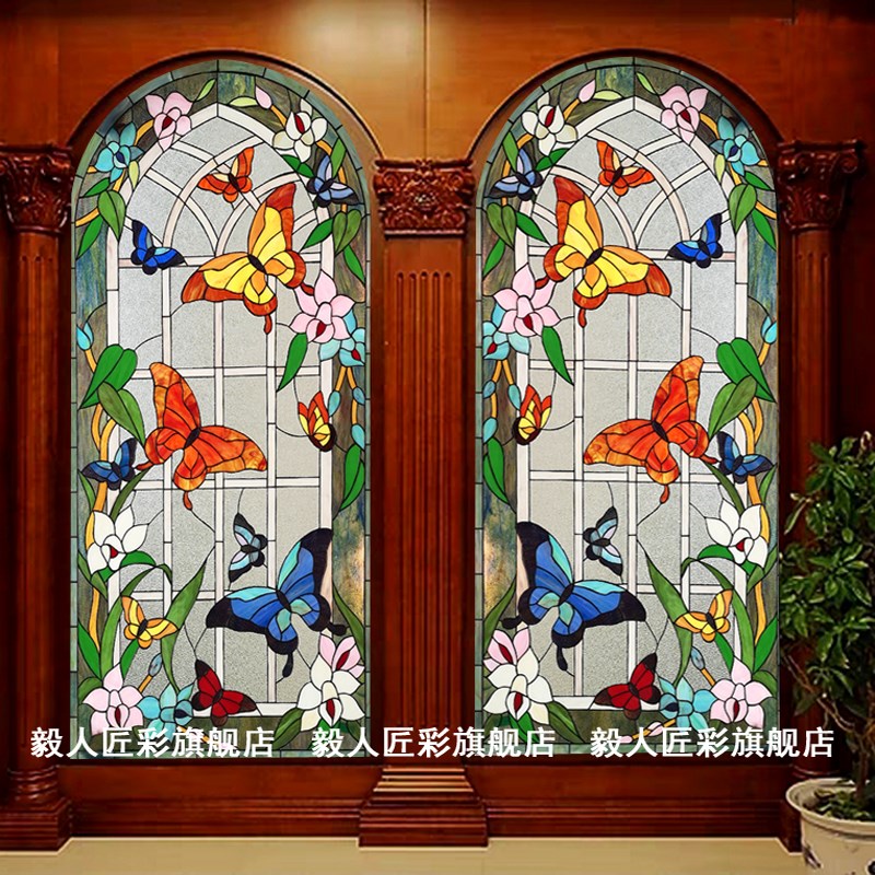 教堂新款镶嵌彩色门窗吊顶隔断玄关蒂凡尼屏风艺术玻璃现代蝴蝶