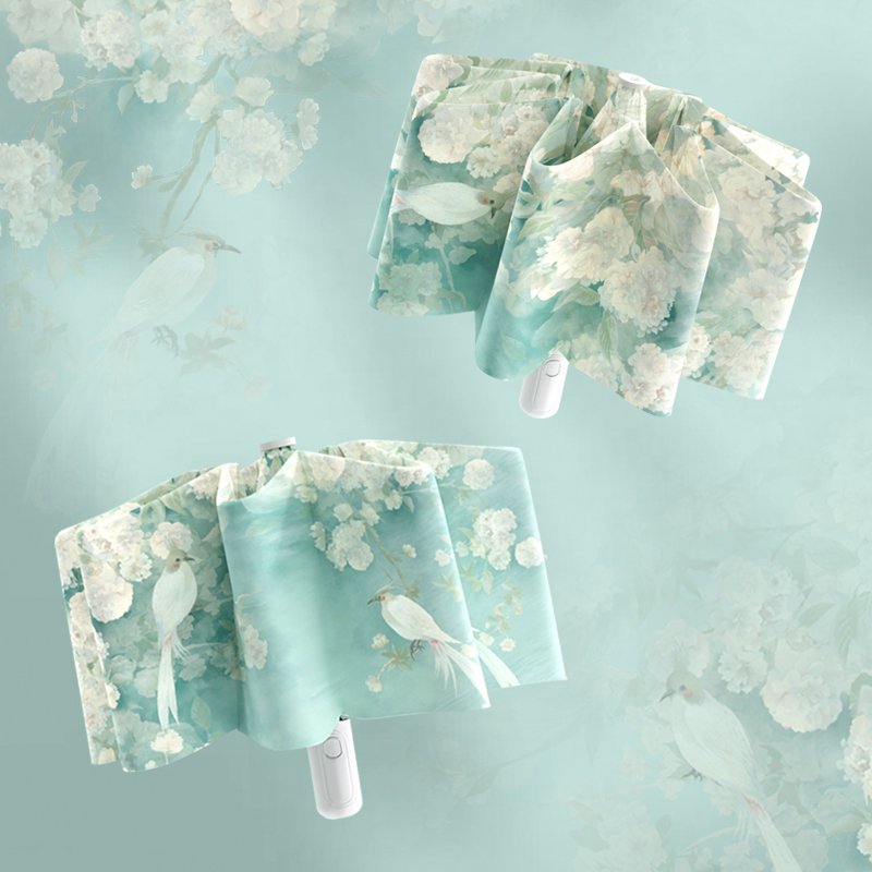 宫廷画风自动雨伞女大抗风晴雨两用防晒伞轻便折叠三折手动小雨伞