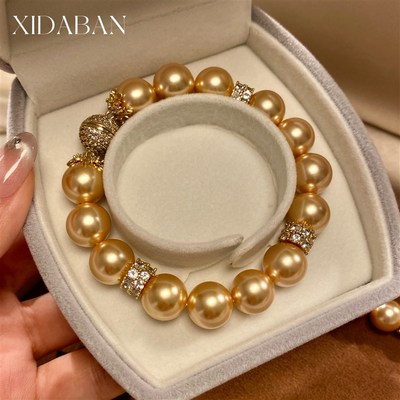 正圆强光南洋金珠珍珠手链浓茶金澳母贝珠手串镶锆轻奢高级感手饰