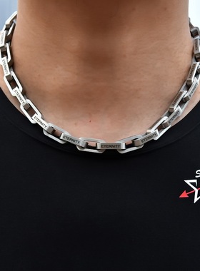 磨砂刻字粗方扣项链  钛钢拉丝竹节链男士街头风潮牌时尚礼品配饰