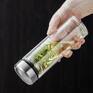 女精致 双层玻璃水杯家用耐高温带盖泡茶杯茶水分离杯子男2024新款