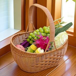 买 菜购物户外野餐手提篮子采摘菌乔迁婚庆拜拜篮子藤编水果元宝