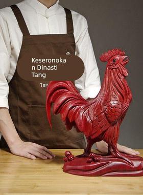 红花梨木雕大公鸡摆件木质动物十二生肖鸡家居电视柜装饰品工艺品