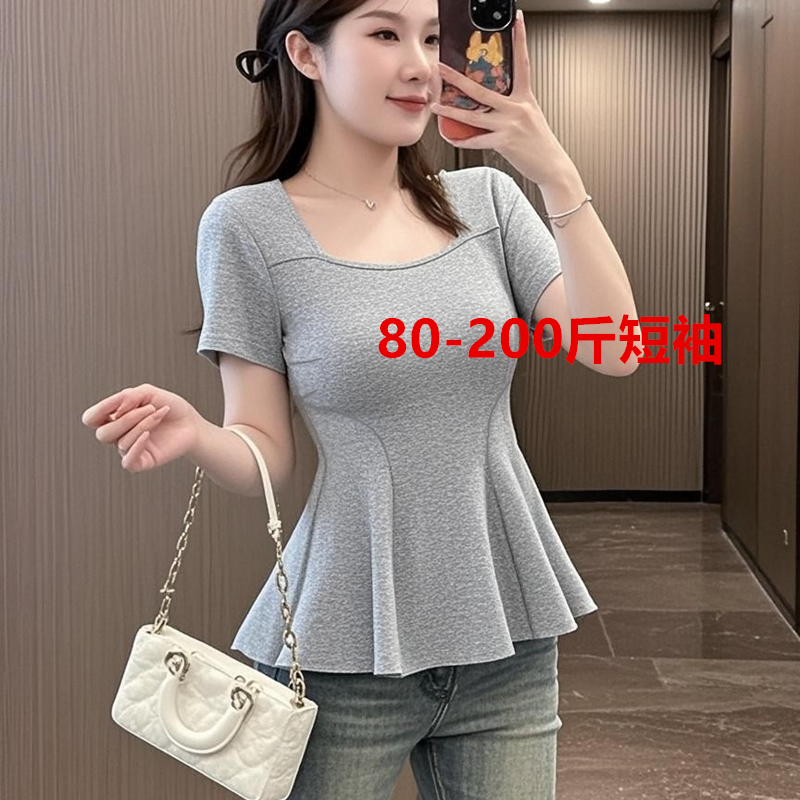 大码女装方领正肩短袖t恤女