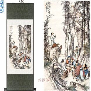 竹林七贤画像 围棋下棋喝酒饮酒 棋社装饰画 卷轴画挂画丝图阁