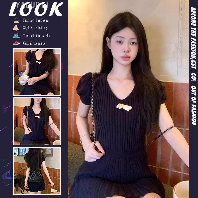 纯欲风针织短袖连衣裙女装夏季新款甜美蝴蝶结收腰显瘦A字短裙子