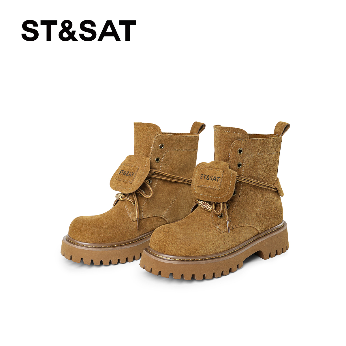 St&Sat/星期六复古英伦风圆头马丁靴真皮中跟秋冬舒适休闲女靴