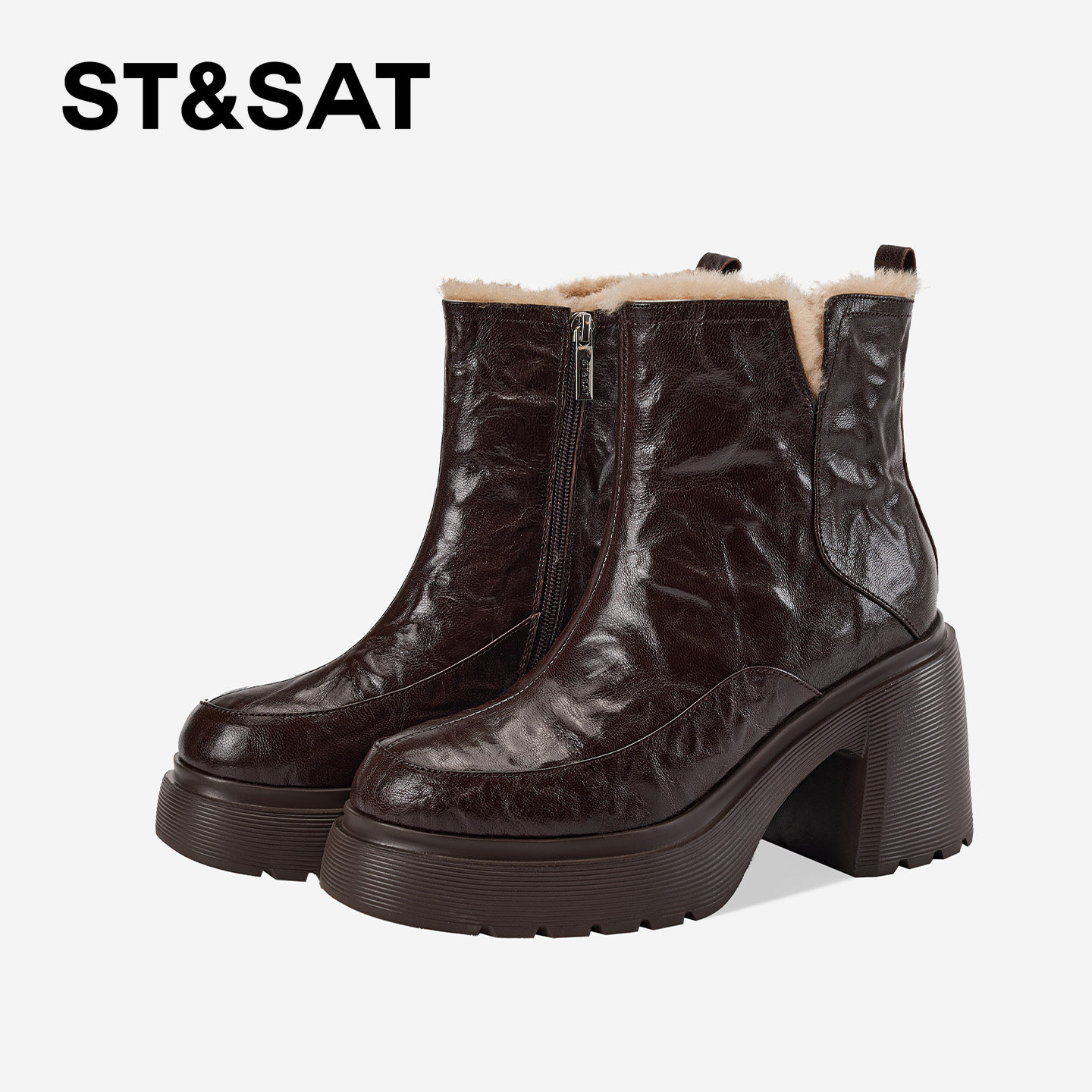 St&Sat/星期六英伦风厚底粗跟加绒保暖百搭时装靴高跟秋冬季短靴,女鞋,时装靴,淘宝优惠券,粉丝福利购,淘宝优惠卷