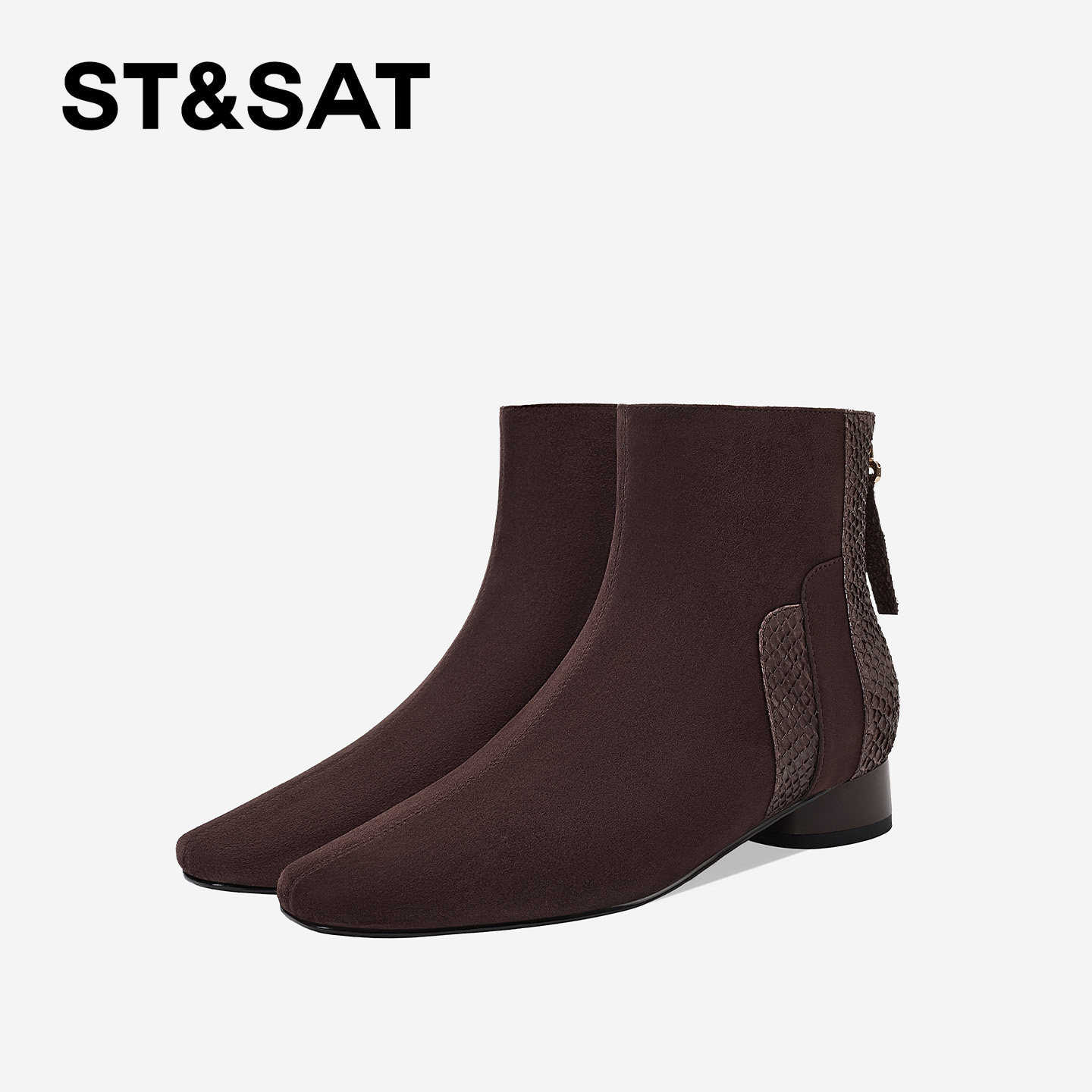 St&Sat/星期六秋冬低跟粗跟短靴轻职风方头靴子百搭法式时装靴,女鞋,时装靴,淘宝优惠券,粉丝福利购,淘宝优惠卷