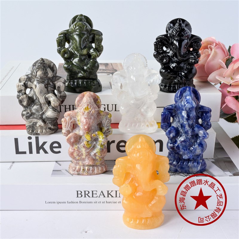 天然水晶象神雕刻件象头神犍尼萨GanesJha水晶工艺品摆件东海水晶