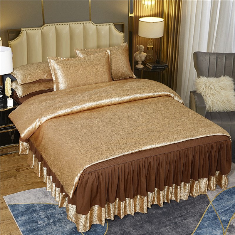 结婚送礼欧式蕾丝k镂空四件套贡缎提花四件套床裙床罩婚庆红四件