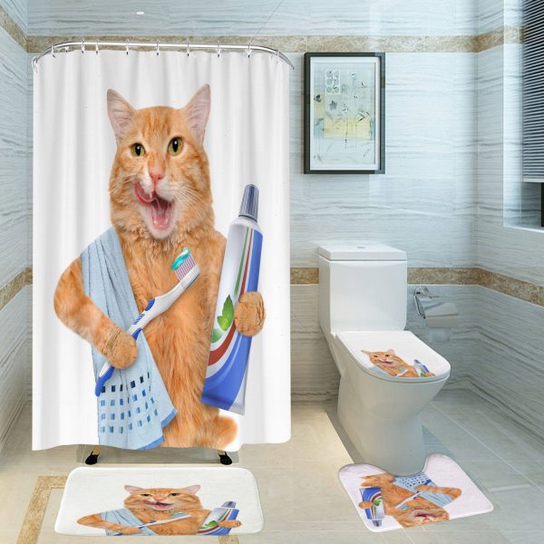 加厚防水浴帘四件套 橘猫要洗澡 3D数码印花淋浴帘定制  跨境供销