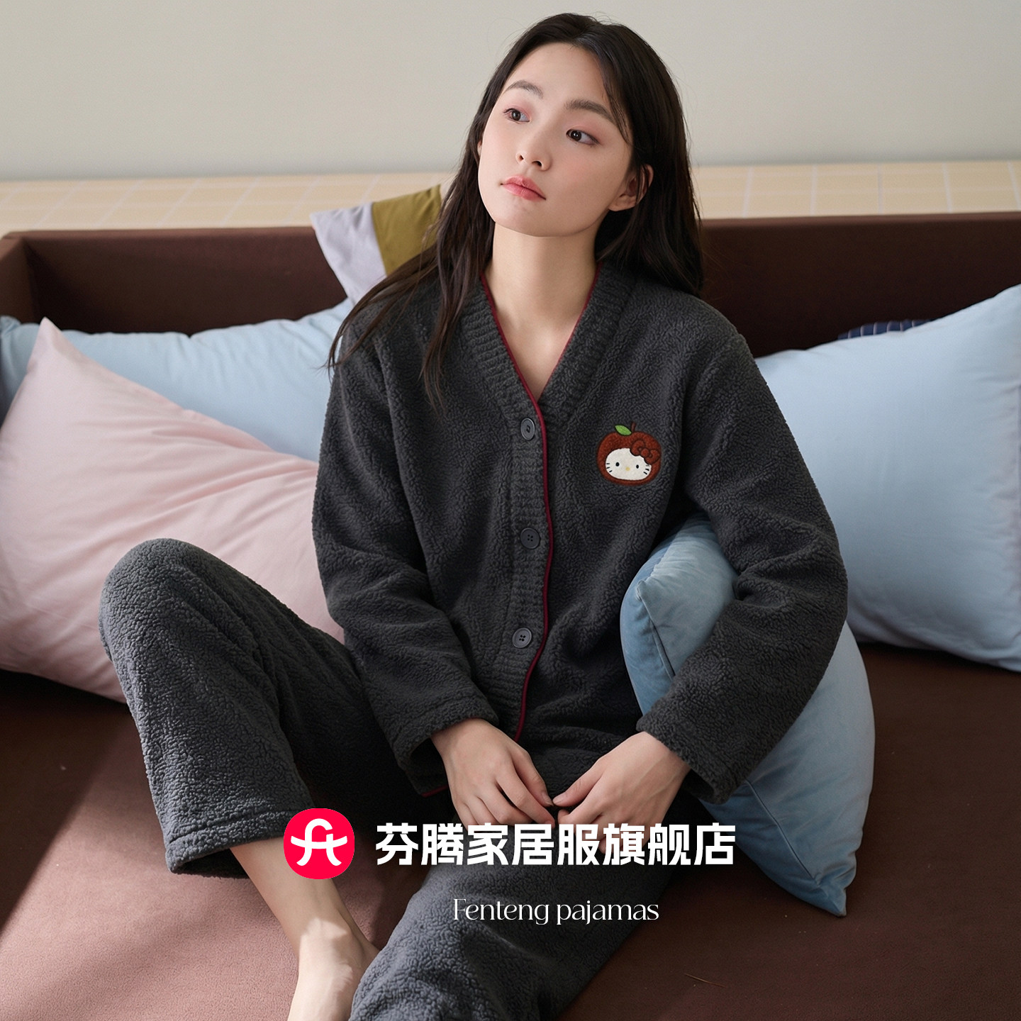 芬腾珊瑚绒睡衣女士秋冬季加绒加厚可爱半边绒家居服套装2025新款
