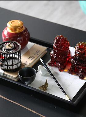 新中式琉璃狮子一对托盘组合套装桌面摆件样板间售楼部茶桌书房