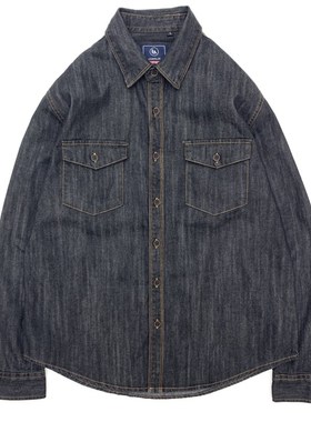 阿美咔叽牛仔衬衫男全棉重水洗工装重磅机车款牛仔宽松深灰色衬衣