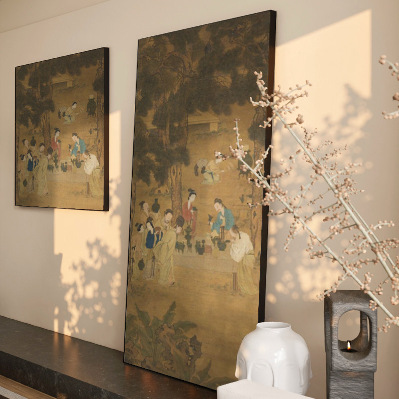 博古图》中式挂画新中式装饰画寓意好客厅玄关茶室背景墙壁画竖版