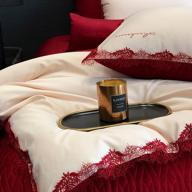 简约喜庆婚嫁长绒棉四件套全棉大红结婚婚庆纯棉床单被套床上用品