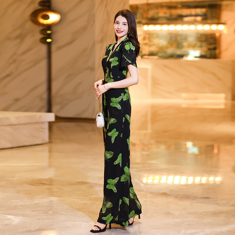 绿色蝴蝶印花连体裤显瘦新款女夏雪纺高端长款套装连衣阔X腿裤225