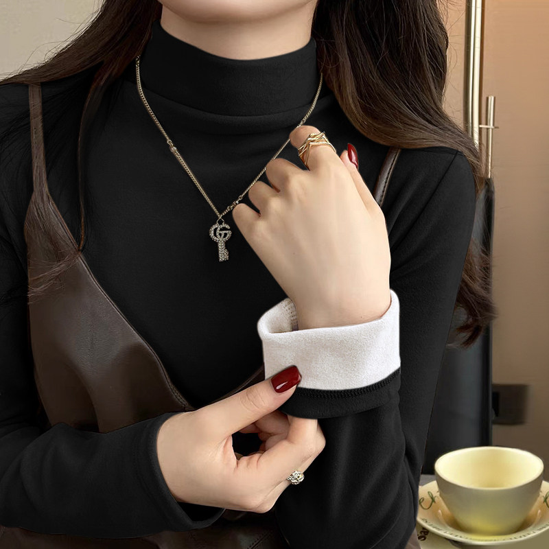 德绒加绒黑色半高领打底衫2024新款女秋K冬内搭时尚洋气时髦高级