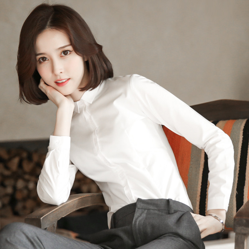 白色小领衬衫女半门襟职业长袖工y装2021初春新款时尚衬衣女工作