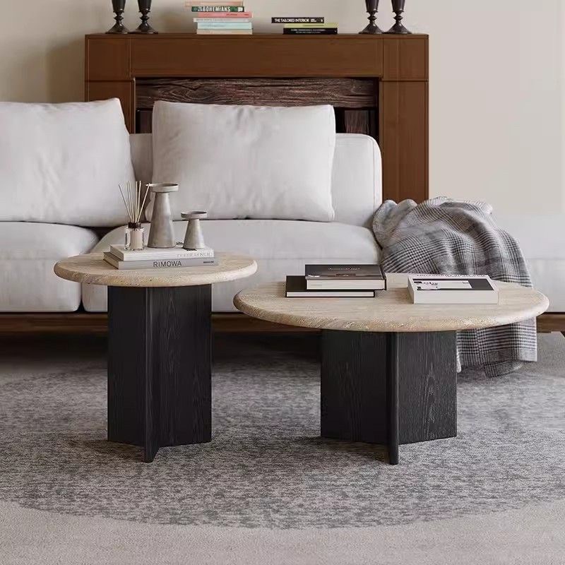 侘寂风洞石茶几小户型客厅家用实木圆形茶桌设计师网红民宿咖啡桌