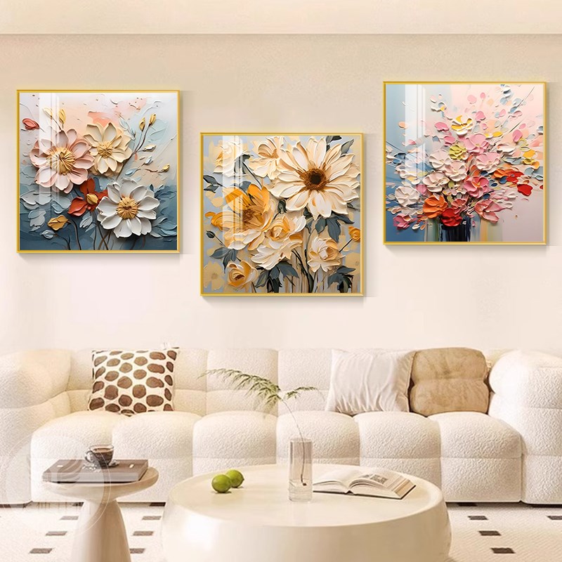 大芬村油画奶油风餐厅装饰画正方形客厅挂画抽象花卉饭厅卧室壁画图片