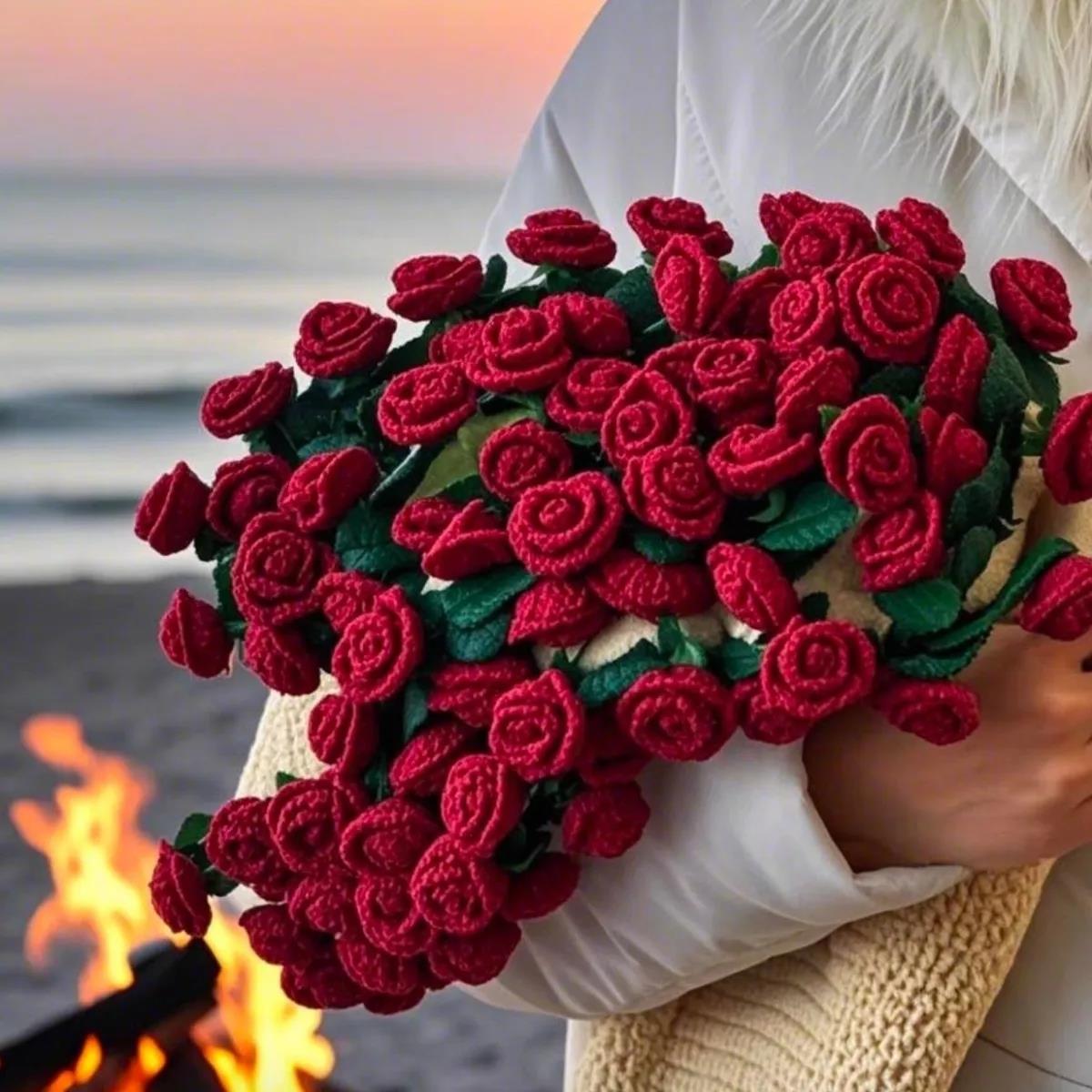 玫瑰花束毯子手工编织diy材料包毛线团钩织花朵毛毯花勾针铃兰花