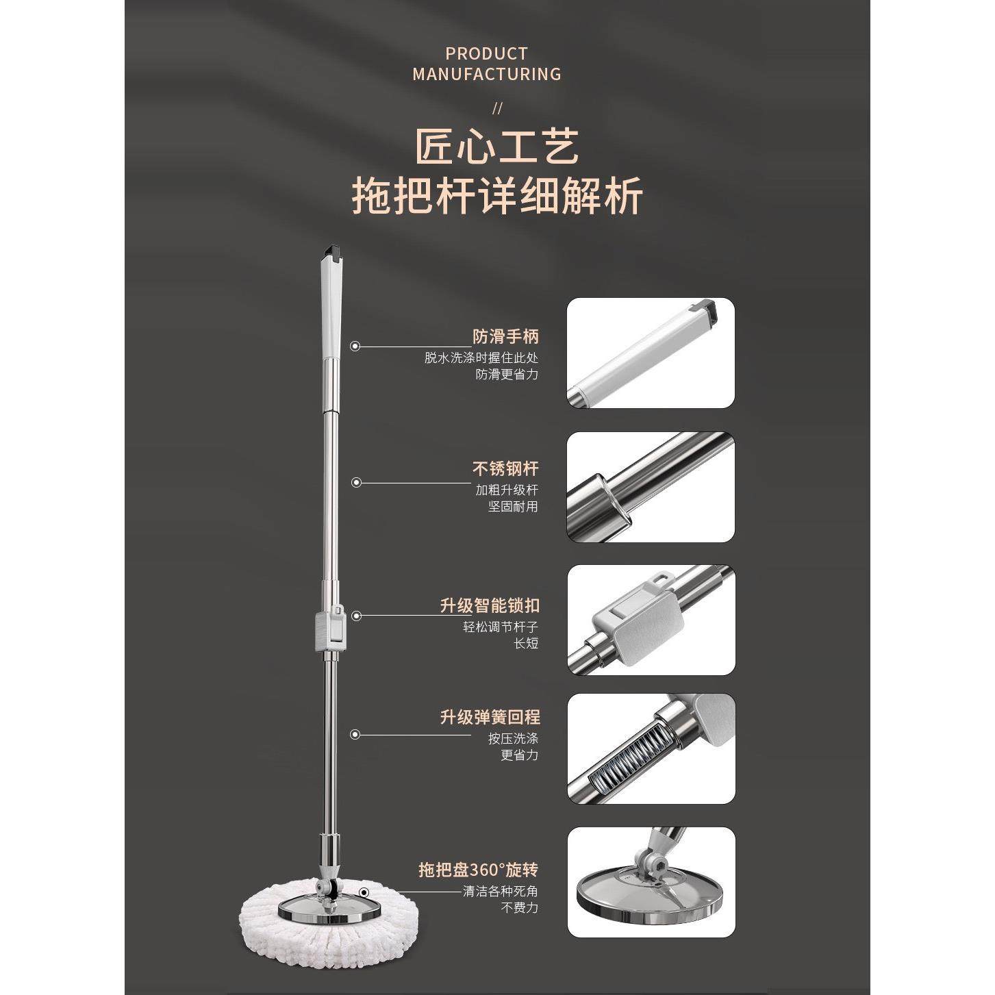 旋转拖把杆不锈钢通用配件手压拖把杆自动干水拖把杆拖把头替代拖