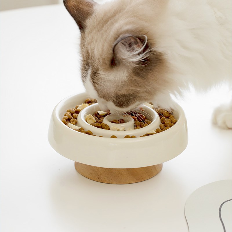 芝小麻陶瓷宠物慢食碗猫碗猫盘木架加高护颈防噎粮碗狗食盆猫食盘